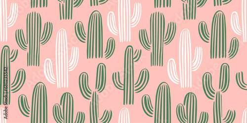 Hand drawn cactus plant doodle seamless pattern. Vintage style cartoon cacti houseplant background. Nature desert flora texture, mexican garden print. Natural interior graphic decoration wallpaper.