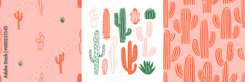 Hand drawn cactus plant doodle seamless pattern set. Vintage style cartoon cacti houseplant background. Nature desert flora texture, garden print. Natural interior graphic decoration wallpaper.