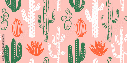 Hand drawn cactus plant doodle seamless pattern. Vintage style cartoon cacti houseplant background. Nature desert flora texture, mexican garden print. Natural interior graphic decoration wallpaper.