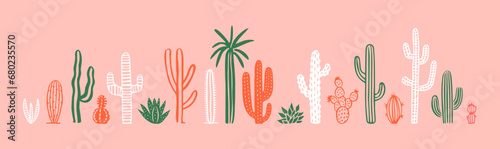 Hand drawn cactus plant doodle set. Vintage style cartoon cacti houseplant illustration collection. Isolated element of nature desert flora, mexican garden bundle. Natural interior graphic decoration.