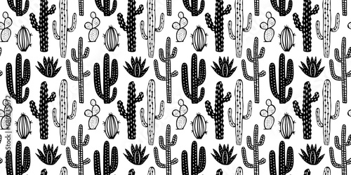 Hand drawn cactus plant doodle seamless pattern. Black and white cacti houseplant background. Nature desert flora texture, mexican garden print. Natural interior graphic decoration wallpaper.