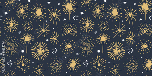 Hand drawn christmas firework seamless pattern illustration. Sky explosion doodle drawing background for festive xmas celebration event. Holiday texture print, december decoration wallpaper.