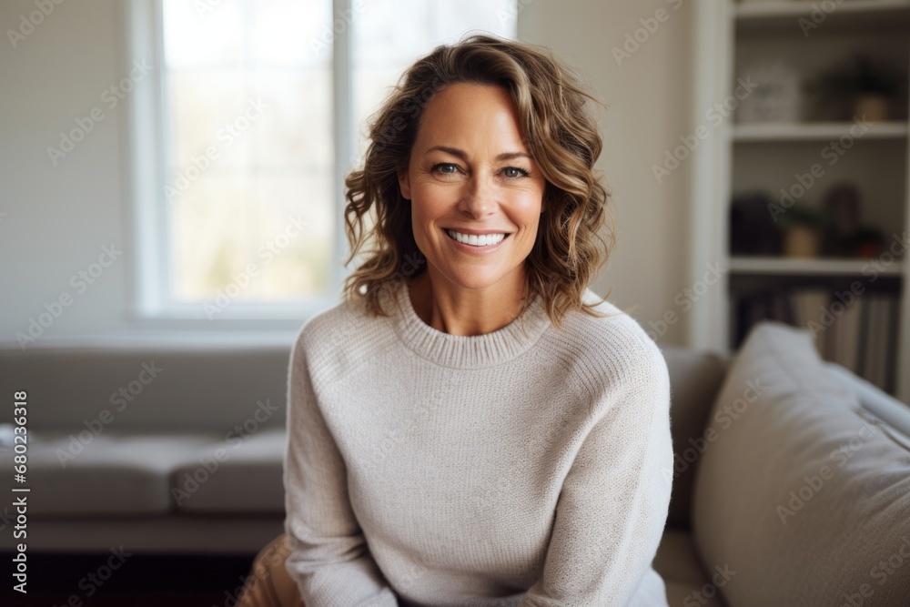 Portrait of a smiling woman in her 40s wearing a thermal fleece pullover against a crisp minimalistic living room. AI Generation Portrait of a smiling woman in her 40s wearing a thermal fleece pullover against a crisp minimalistic living room. AI Generation