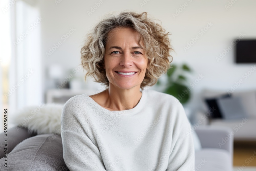 Portrait of a smiling woman in her 40s wearing a thermal fleece pullover against a crisp minimalistic living room. AI Generation Portrait of a smiling woman in her 40s wearing a thermal fleece pullover against a crisp minimalistic living room. AI Generation