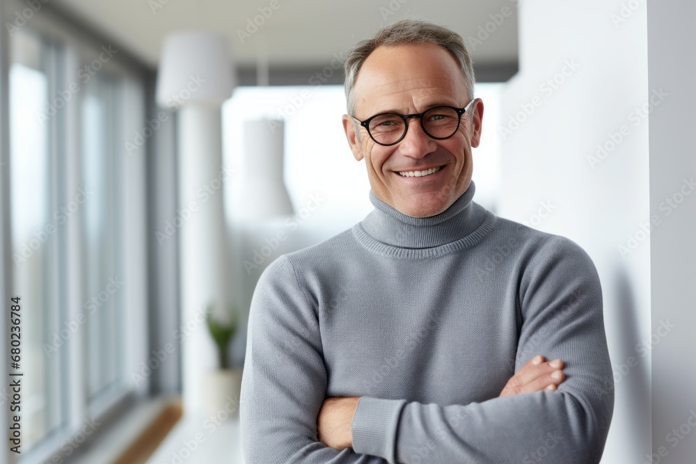Portrait of a grinning man in his 50s wearing a classic turtleneck sweater against a crisp minimalistic living room. AI Generation Portrait of a grinning man in his 50s wearing a classic turtleneck sweater against a crisp minimalistic living room. AI Generation