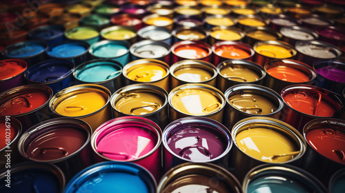 cans of paint of different colors background. ai generative photo