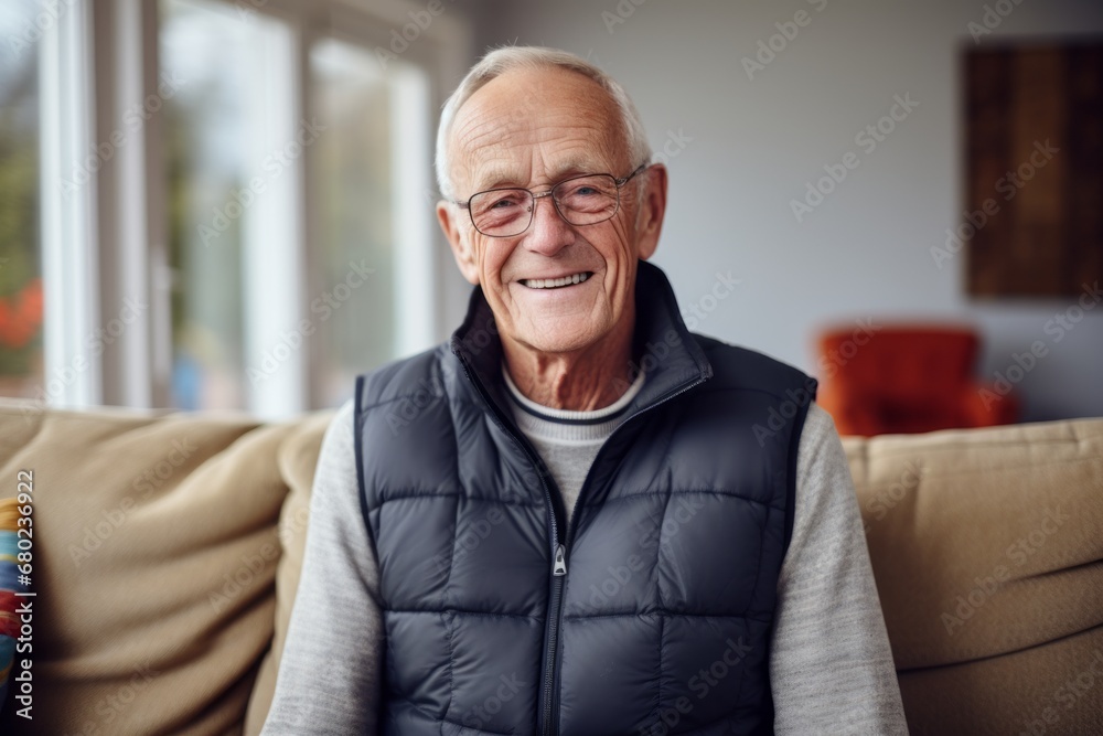 Portrait of a smiling man in his 70s dressed in a water-resistant gilet against a crisp minimalistic living room. AI Generation Portrait of a smiling man in his 70s dressed in a water-resistant gilet against a crisp minimalistic living room. AI Generation