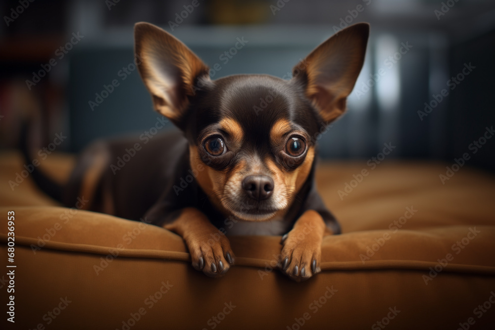Black and tan Chihuahua dog lying in a basket. Happy and relaxed. 