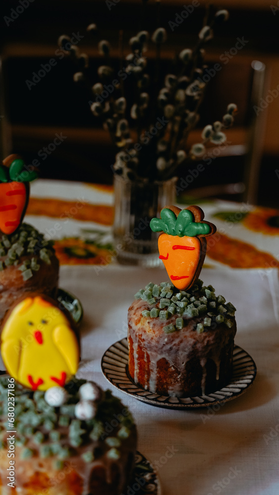 Ukrainian Easter is decorated with a figure with cookies and carrots, cozy atmosphere of the kitchen, Easter is blurred in the foreground , without people, close-up