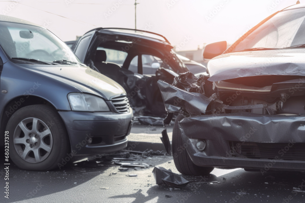 A car accident involving multiple vehicles causing damage. Damaged automobiles after collision. Generative AI A car accident involving multiple vehicles causing damage. Damaged automobiles after collision. Generative AI