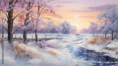 Watercolor painting of a winter landscape, with snow-covered grass and a forest featuring a flowing river, captured in the morning light as the sun rises. © Matthew