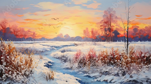 Watercolor depiction of a winter morning landscape, featuring snow-covered grass and a forest with a flowing river, illuminated by the rising sun. © Matthew