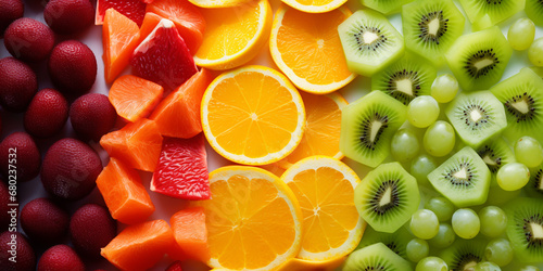 Fresh fruits background, assorted diced colorful fruits. ai generative