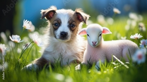 White-brown puppy with little cute sheep lying together on the green grass.