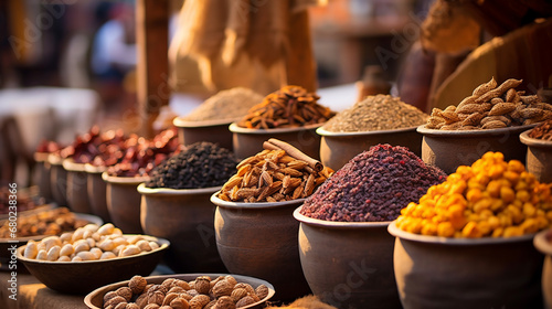 Traditional spices and dry fruits in local bazaar in India. ai generative