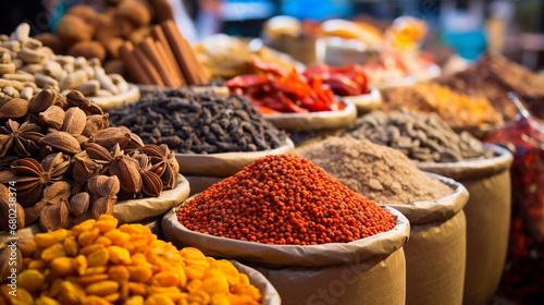 Fotografie, Obraz Traditional spices and dry fruits in local bazaar in India