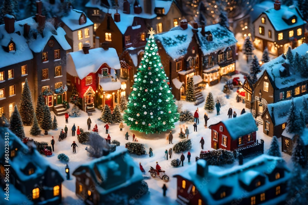 Craft an AI image showcasing a top-down view of a Christmas tree adorned with miniature winter village scenes, miniature people, and tiny glowing streetlights, creating a magical holiday panorama