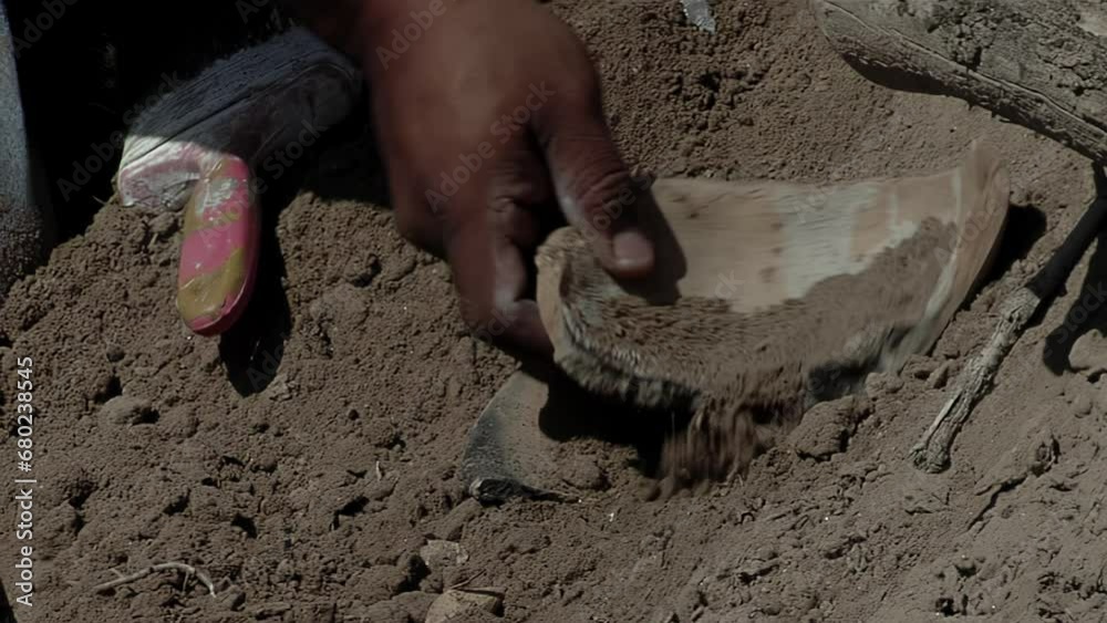 Archaeological Excavation, Archaeologist Digging Up An Ancient Clay Artifact in Soil. Close Up.