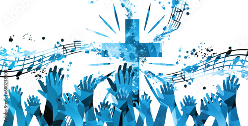 Colorful christian cross with music notes and hands isolated vector illustration. Religion themed background. Design for gospel church music, choir singing, concert, festival, Christianity, prayer