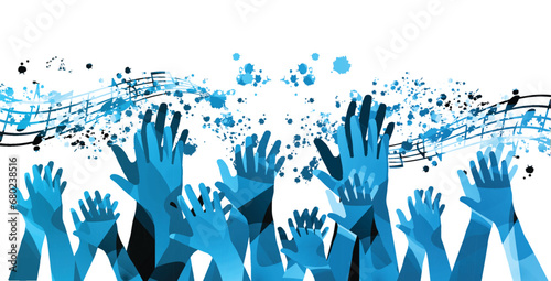 Music background with colorful musical notes staff and hands vector illustration design. Artistic music festival poster, live concert events, party flyer, music notes signs and symbols	 photo