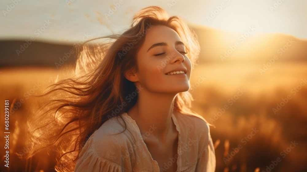 Backlit Portrait of calm happy smiling free woman with closed eyes enjoys a beautiful moment life on the fields at sunset photography