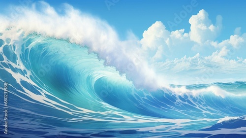 Banner with giant ocean surf wave on a sunny day. Seascape illustration with stormy sea, turquoise water with white foam and splashes, blue sky with clouds. photography