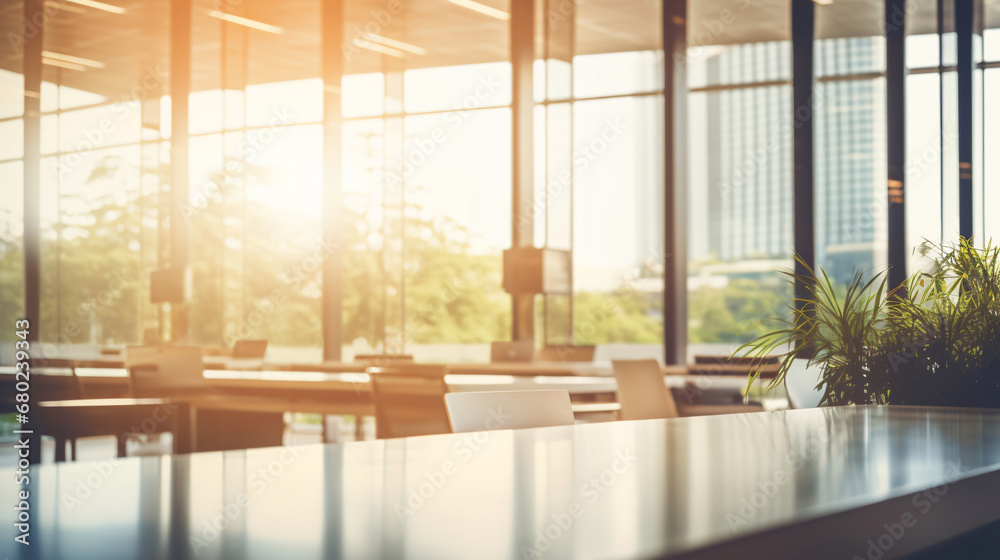 Beautiful blurred background of a light modern business office interior with panoramic windows and bright lighting Beautiful blurred background of a light modern business office interior with panoramic windows and bright lighting