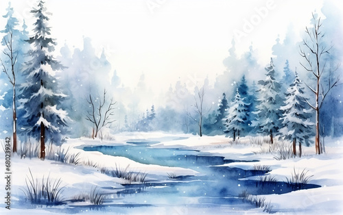 Paisagem de inverno em aquarela desenhada à mão. Elementos do vetor de Natal para cartaz, cartões, panfleto © Alexandre