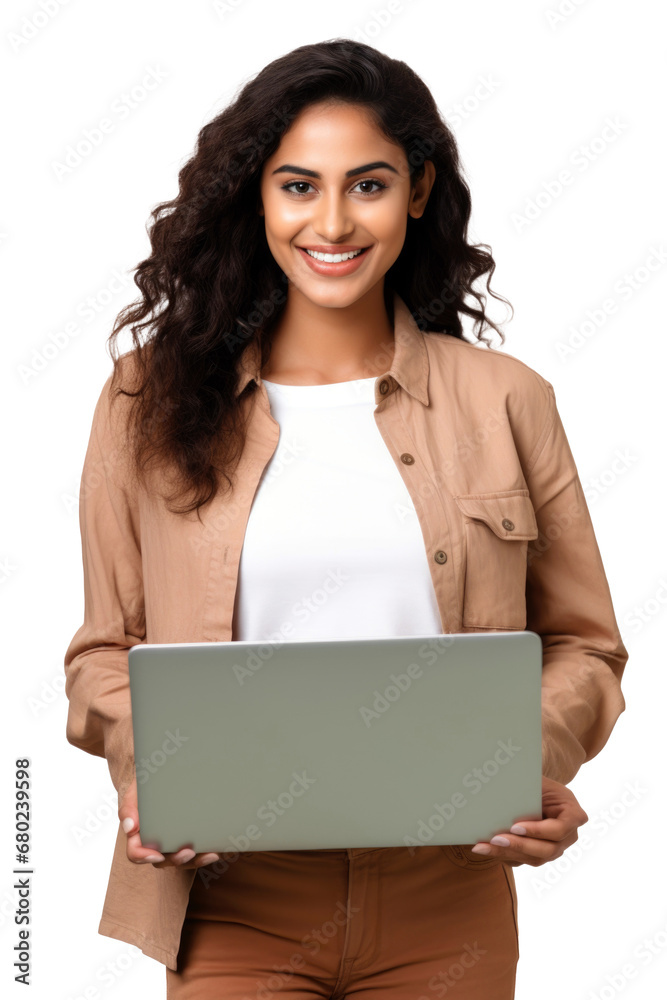 Portrait of a happy beautiful indian woman smiling and holding a laptop isolated on transparent background. png Portrait of a happy beautiful indian woman smiling and holding a laptop isolated on transparent background. png