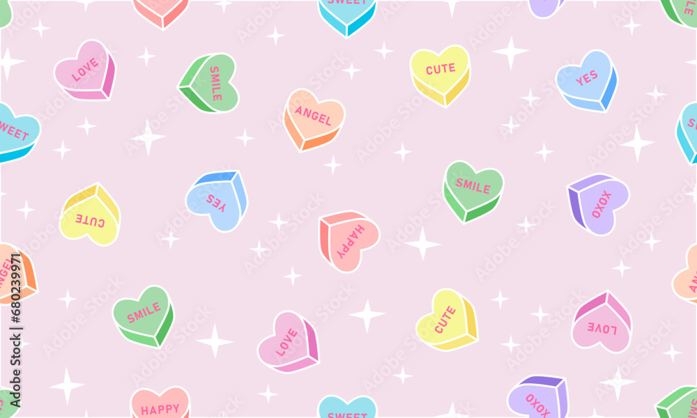 Seamless pattern with sweet heart candy. Sweetheart candies background, conversation sweets for valentines day, valentine sugar food hearts. Heart shape message letter candy background