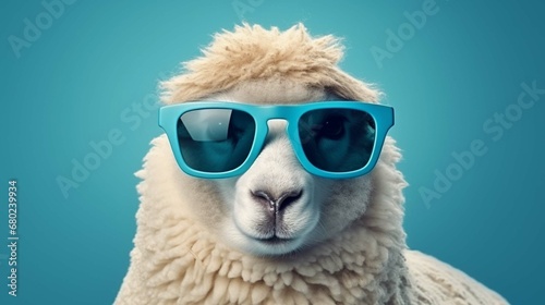 Funny sheep wearing sunglasses isolated on blue background 8k, 8k render