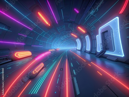 3D render technology abstract futuristic sci-fi background with cyberspace, neon fast-glow light, motion effect, and bright, multicolored light trails