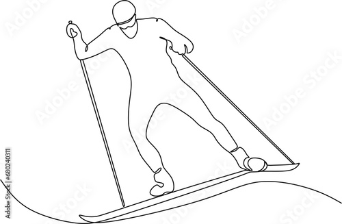 Continuous line of skiing and snowboarding.Illustration shows a athlete performs a jump from a springboard to ski. Ski jumping. Vector illustration