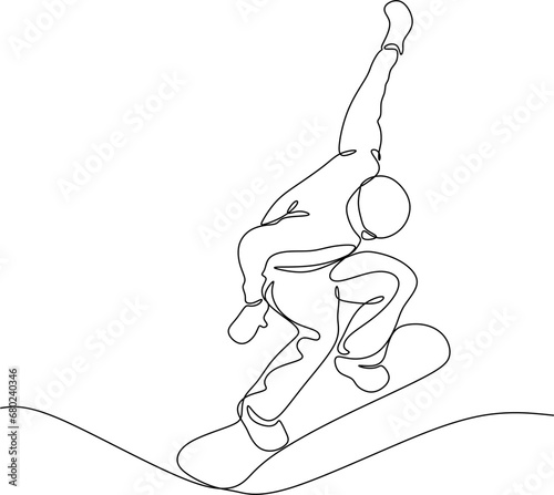 Continuous line of skiing and snowboarding.Illustration shows a athlete performs a jump from a springboard to ski. Ski jumping. Vector illustration
