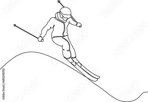 Continuous line of skiing and snowboarding.Illustration shows a athlete performs a jump from a springboard to ski. Ski jumping. Vector illustration