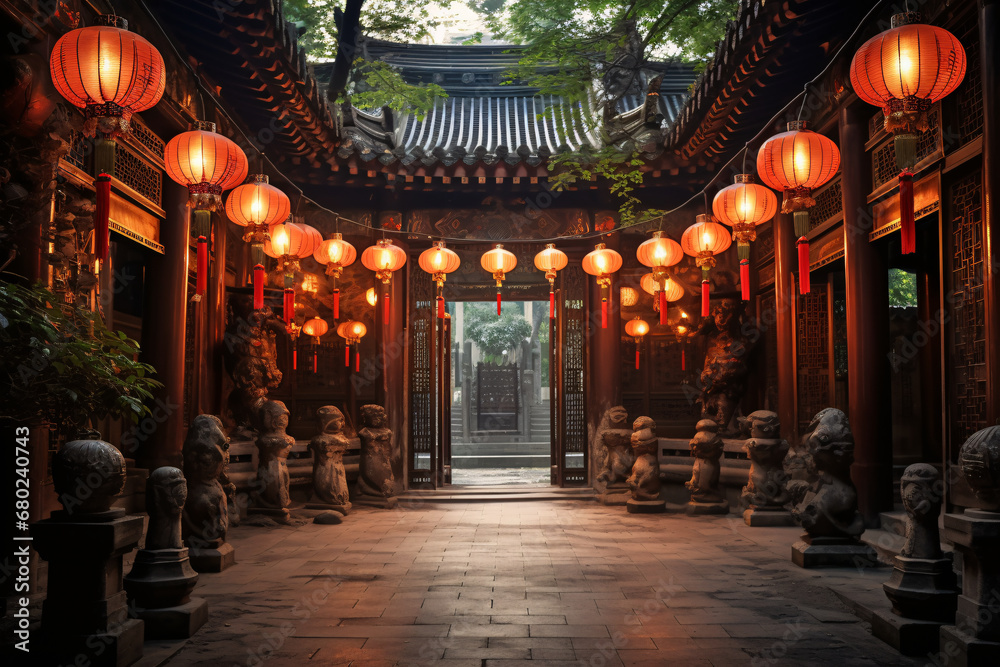 Obraz premium Courtyard of heritage house adorned with red lanterns. Traditional Chinese architecture. 2024 Lunar New Year. Design for cultural poster, travel banner, or backdrop