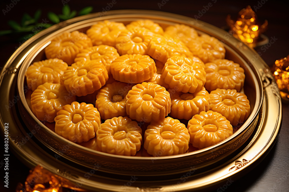 Golden mooncakes on a traditional plate illuminated by festive lights. Chinese festival delicacies. Lunar New Year. Design for culinary poster, festival brochures, or banner Golden mooncakes on a traditional plate illuminated by festive lights. Chinese festival delicacies. Lunar New Year. Design for culinary poster, festival brochures, or banner