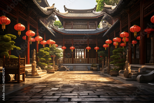 Sunlit traditional Chinese courtyard with red lanterns. Architectural harmony. Lunar New Year. Design for poster, travel brochures, or banner photo
