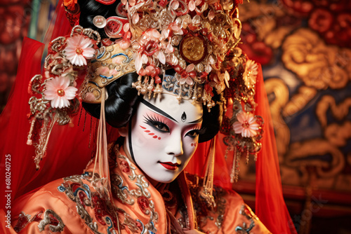 Dramatic portrait of a traditional opera actress in ornate costume and headpiece. Chinese New Year. Theatrical asian elegance. Design for cultural events, theatrical posters, or banner