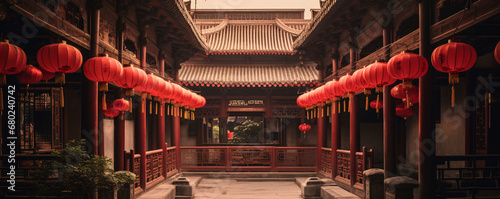 Panoramic view of an ancient corridor with hanging red lanterns. Asian and Chinese traditions. Lunar New Year. Design for cultural festivals, architectural studies, and historical retrospectives photo