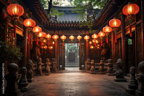 Courtyard of heritage house adorned with red lanterns. Traditional Chinese architecture. 2024 Lunar New Year. Design for cultural poster, travel banner, or backdrop