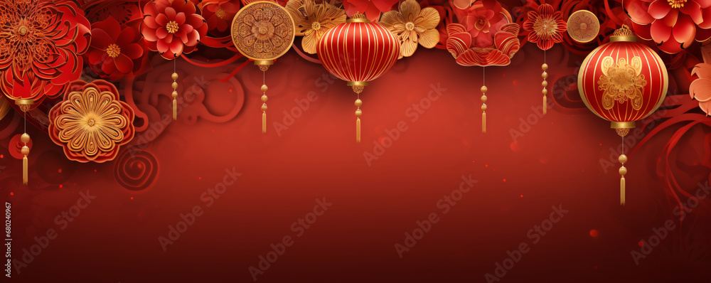 Festive panorama with red lanterns and flowers against deep red background. Traditional Asian and Chinese celebration. Suitable for Lunar New Year banner, header, or backdrop with free space for text Festive panorama with red lanterns and flowers against deep red background. Traditional Asian and Chinese celebration. Suitable for Lunar New Year banner, header, or backdrop with free space for text