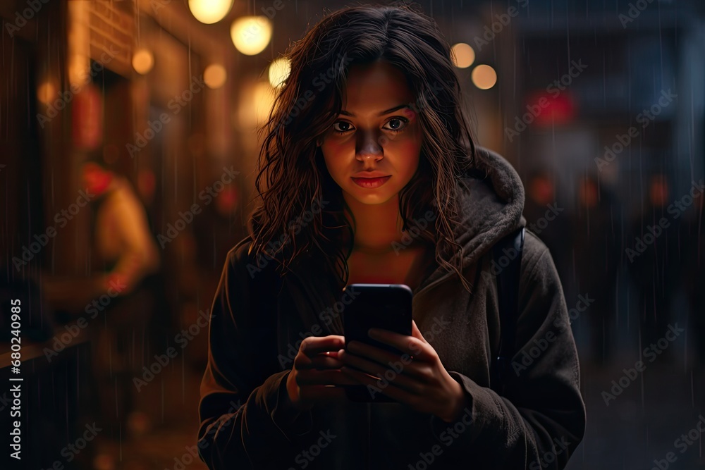 A girl with a smartphone in her hands on a dark evening on the street A girl with a smartphone in her hands on a dark evening on the street