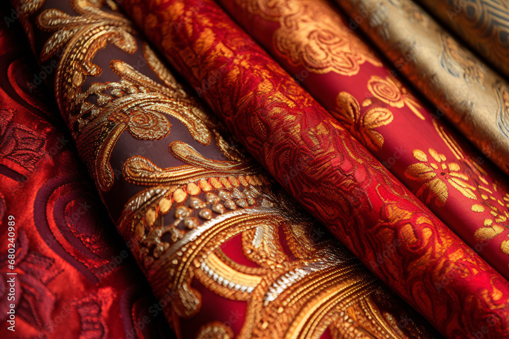 Luxurious rolls of fabric with intricate golden designs on a rich red background. Traditional ornamental textiles. Chinese pattern. Suitable for cultural events, fashion design, or banner Luxurious rolls of fabric with intricate golden designs on a rich red background. Traditional ornamental textiles. Chinese pattern. Suitable for cultural events, fashion design, or banner