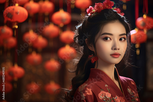 Graceful young lady in ornate floral dress posing before a backdrop of glowing red lanterns. Chinese and asian traditions. Elegance of cultural heritage. Design for Lunar New Year banner, poster, or w