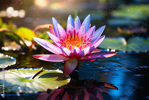 Vibrant pink water lily basking in the golden light of a tranquil pond. Spring nature's beauty. Floral elegance. Design for beauty poster, banner, or wallpaper