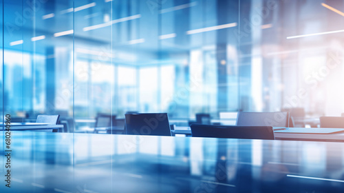 Beautiful blurred background of a light modern business office interior with panoramic windows and bright lighting	