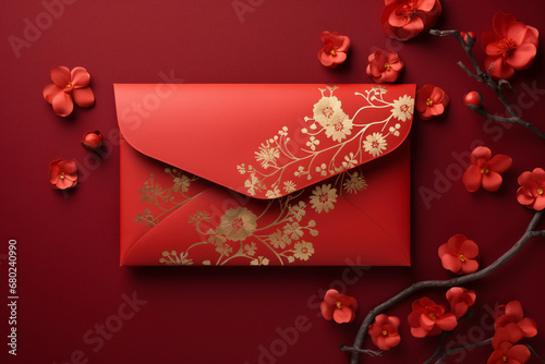 Elegant red envelope with golden floral patterns on a burgundy backdrop. Asian inspired design. Concept for Lunar New Year celebrations. Chinese traditions. Suitable for invitations, banner, or festiv photo
