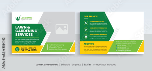 Lawn Mower Garden or Landscaping Service Postcard Template. Eddm Postcard Design, Event Card Design, Direct Mail Template, Invitation Design. leaflet, grass, equipment, gardener