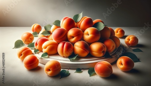 Surface covered with ripe Prunus armeniaca (apricots), some whole with leaves, showcasing their vibrant orange color.
 photo
